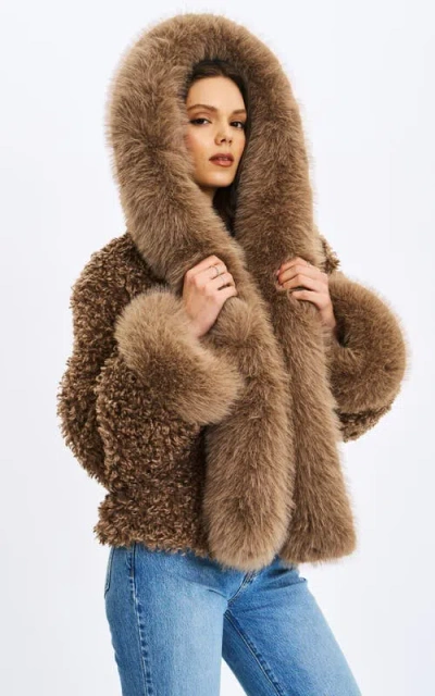 Miss Circle Faux Shearling Fur Jumbo Kali Hooded Coat In Brown