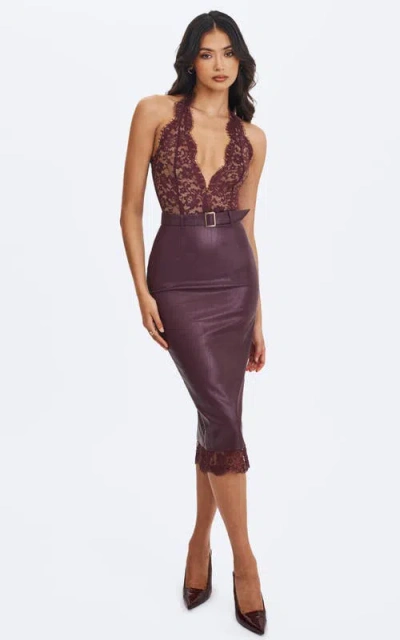 Miss Circle Fiera Plunging Halter Belted Midi Dress In Burgundy