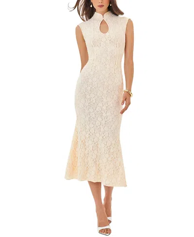 Miss Circle Garcelle Brushed Lace Keyhole Mermaid Midi Dress In Neutral