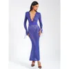 Miss Circle Women Giada Navy Lace Deep V Long Sleeve Maxi Dress In Blue