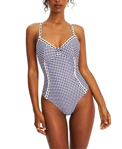 Miss Circle Gigi Gingham Lace Strap Backless Swimsuit In Purple