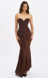 Miss Circle Giovana Sweetheart Draped Mesh Mermaid Maxi Dress In Brown