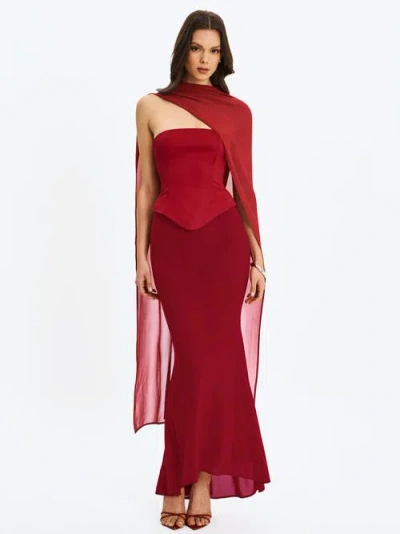 Miss Circle Giselle Peplum Mermaid Gown With Chiffon Scarf In Red