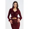 Miss Circle Halii Burnout Velvet Mesh Fur Trim Top In Burgundy
