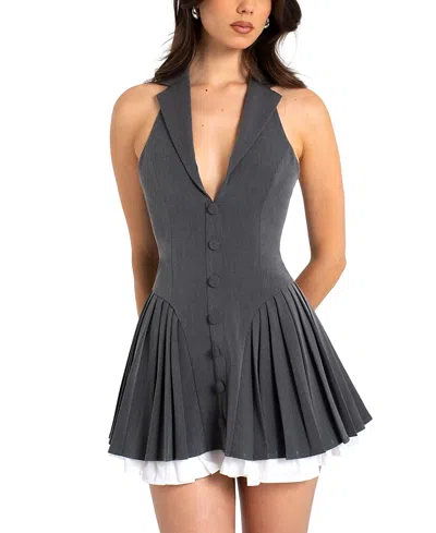Miss Circle Hazell Preppy Halter Neck Pleated Mini Dress In Gray