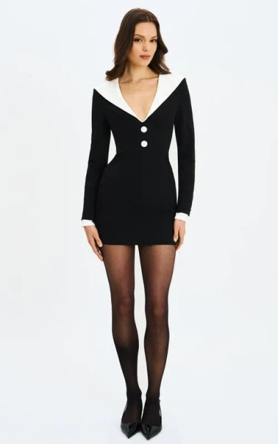 Miss Circle Heather Collared Decorative Button-front Mini Dress In Black