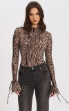 Miss Circle Ibera Animal Print Burnout Velvet Long Sleeve Bodysuit In Brown