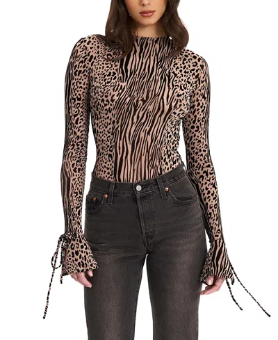 Miss Circle Ibera Animal Print Burnout Velvet Long Sleeve Bodysuit In Brown