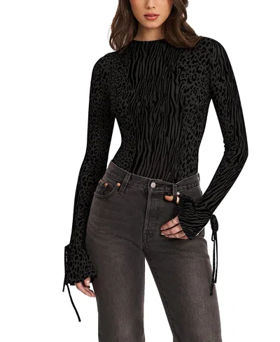 Miss Circle Ibera Print Burnout Velvet Long Sleeve Bodysuit In Black