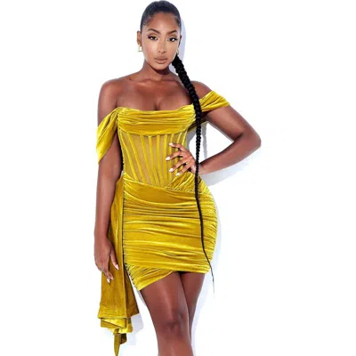 Miss Circle Irisaa Draping Off Shoulder Corset Mini Dress In Yellow