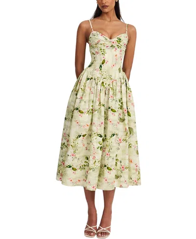 Miss Circle Jacinda Floral Print Ruched Breast Linen Midi Dress In White
