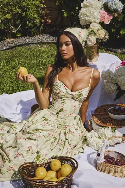 Miss Circle Jacinda Floral Ruched Linen Midi Dress In Green Floral, Women's At Urban Outfitters