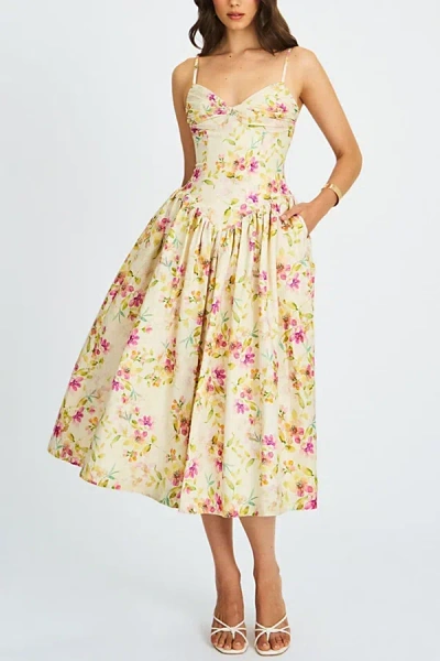 Miss Circle Jacinde Drop Waist Floral Print Linen Midi Dress In Yellow