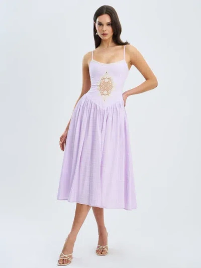 Miss Circle Jaclyn Lavender Lace Trim Cutout Seersucker Midi Dress In Purple