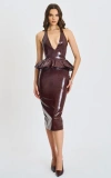 Miss Circle Jaslene Ruched Peplum Plunge Halter Midi Dress In Brown