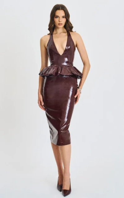 Miss Circle Jaslene Ruched Peplum Plunge Halter Midi Dress In Brown