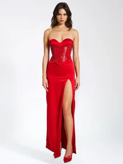 Miss Circle Women Kadesha Red Crystal High Slit Satin Corset Gown
