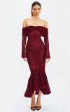 Miss Circle Kaedyn Off Shoulder Long Sleeve Crochet Mermaid Maxi Dress In Red