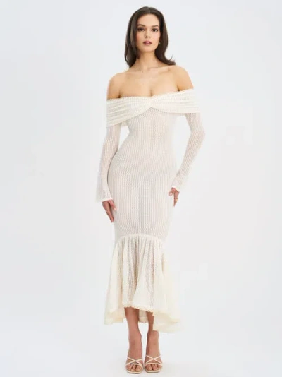 Miss Circle Kaedyn Off Shoulder Long Sleeve Crochet Mermaid Maxi Dress In Neutral