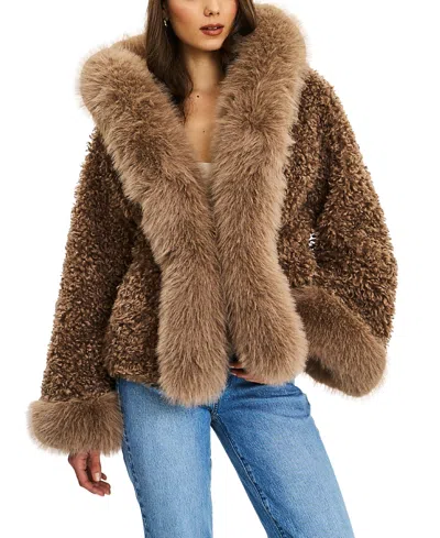 Miss Circle Kali Jumbo Faux Fur Trimmed Teddy Coat With Hood In Brown