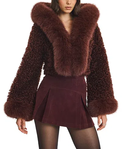 Miss Circle Kali Teddy Cropped Faux Fur Hooded Jacket In Burgundy