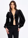 Miss Circle Krista Velvet Lantern Sleeve Top With Crystal Bow In Black
