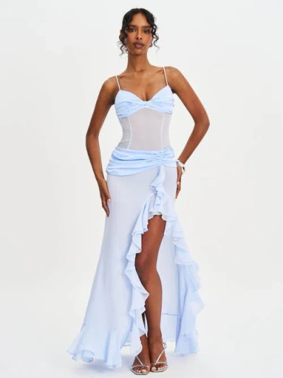 Miss Circle Women Lacy Blue Ruched Breast High Slit Chiffon Dress