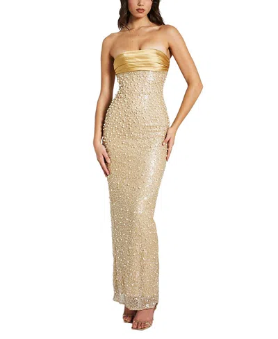 Miss Circle Women Lainey Gold Satin Sequin Pearls Beaded Maxi Dress In Brown