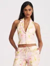 Miss Circle Lauren Pink Floral Print Ruched Back Linen Suit Vest In White