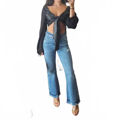 Miss Circle Leather Tie Long Sleeve Crop Top In Black In Multi