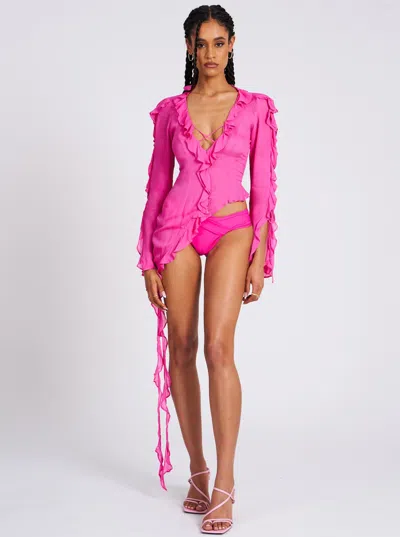 Miss Circle Leena Fuchsia Long Sleeve Draping Ruffle Top In Pink