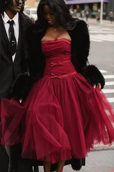 Miss Circle Women Mabel Burgundy Drop Waist Layered Mesh Midi Puffy Dress With Bow In Red