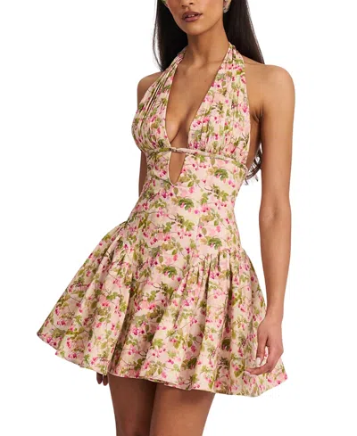 Miss Circle Mackenzie Floral Print Halter Linen Cotton Mini Dress In Multi