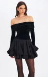 Miss Circle Magnolia Off-shoulder Layered Satin Mini Dress In Black