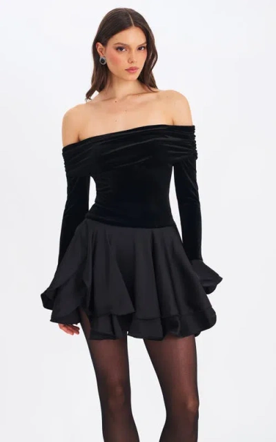 Miss Circle Magnolia Off-shoulder Layered Satin Mini Dress In Black