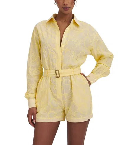 Miss Circle Malou Embroidered Poplin Belted Shirt Romper In Yellow