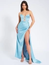 Miss Circle Women Marilyn Pale Blue Satin Crystal Embellished High Slit Gown In Blue