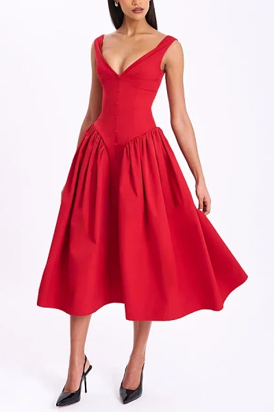 Miss Circle Nahla Drop Waist Midi Dress In Red, Women's At Urban Outfitters In Multi