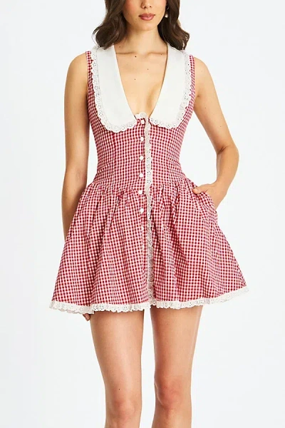 Miss Circle Women Nala Red Gingham Eyelet Lace Trim Peterpan Collar Mini Dress