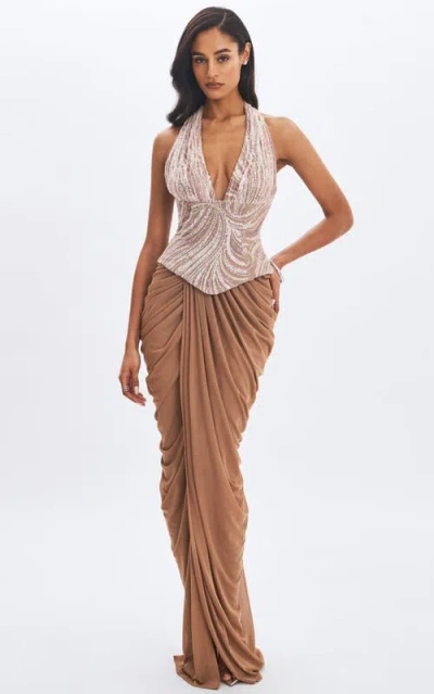 Miss Circle Nancie Beaded Halter Peplum Pleated Maxi Dress In Brown