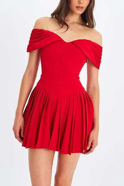MISS CIRCLE NARELLE OFF-THE-SHOULDER DROP WAIST MINI DRESS IN CRIMSON, WOMEN'S AT URBAN OUTFITTERS