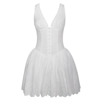 Miss Circle New York Women's Aaliyah White Eyelet Plunging Halter Drop Waist Mini Dress