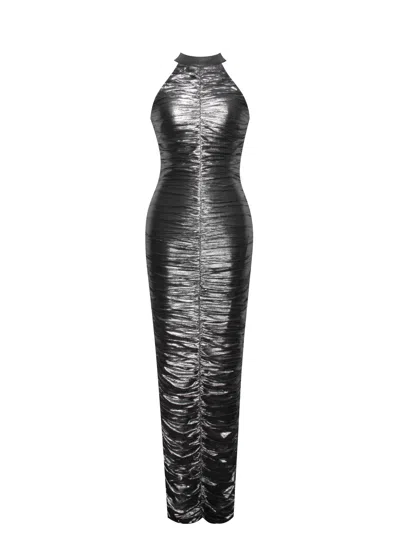 Miss Circle New York Women's Abril Ruched Silver Glitter Backless Gown