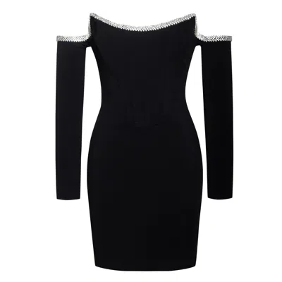 Miss Circle New York Women's Annika Black Off Shoulder Long Sleeve Corset Dress With Crystal Trim