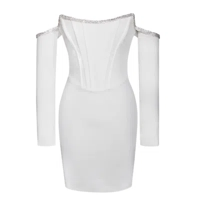 Miss Circle New York Women's Annika White Off Shoulder Long Sleeve Corset Dress With Crystal Trim
