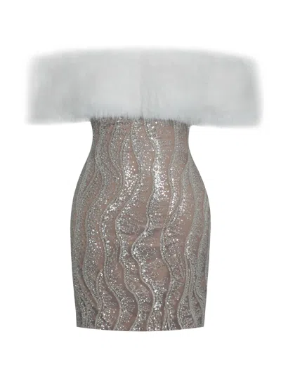 Miss Circle New York Women's Averie White Fur Off-shoulder Beige Sequin Mini Dress