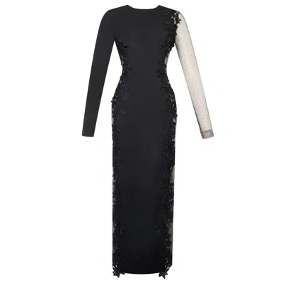 Miss Circle New York Women's Black Bailey Lace Trim Crystal Net Cutout Long Sleeve Gown