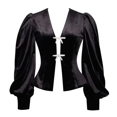 Miss Circle New York Women's Black Krista Velvet Lantern Sleeve Top With Crystal Bow