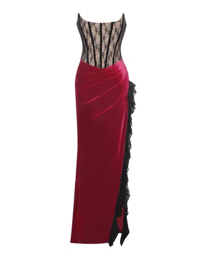 Miss Circle New York Women's Black / Red Gaia Burgundy Lace Velvet Corset Side Slit Dress