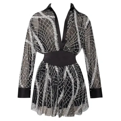 Miss Circle New York Women's Black / Silver Rachelle Black Embroidered Mesh Mini Shirt Dress In Black/silver
